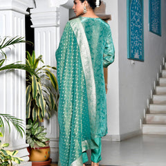 Women’s Digital Printed Tissue Suit Set with Solid Pants & Brocade Dupatta (Set of 5 Pc)
