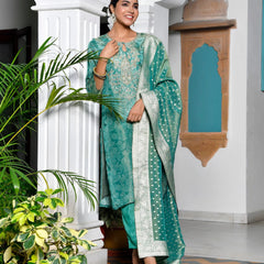 Women’s Digital Printed Tissue Suit Set with Solid Pants & Brocade Dupatta (Set of 5 Pc)