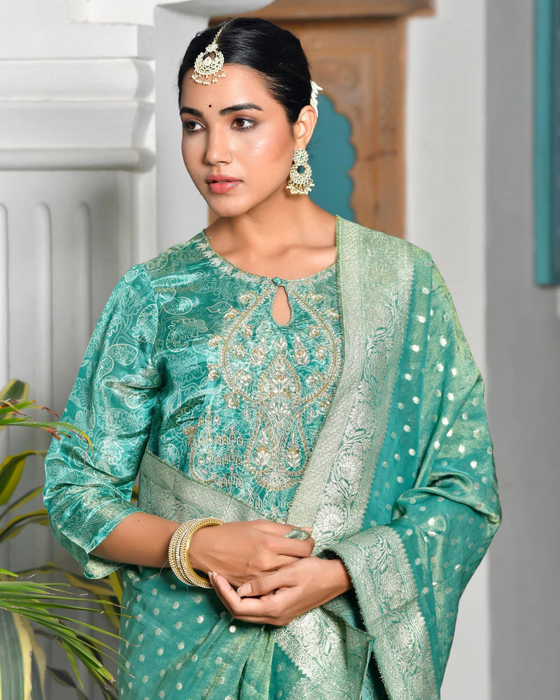Women’s Digital Printed Tissue Suit Set with Solid Pants & Brocade Dupatta (Set of 5 Pc)