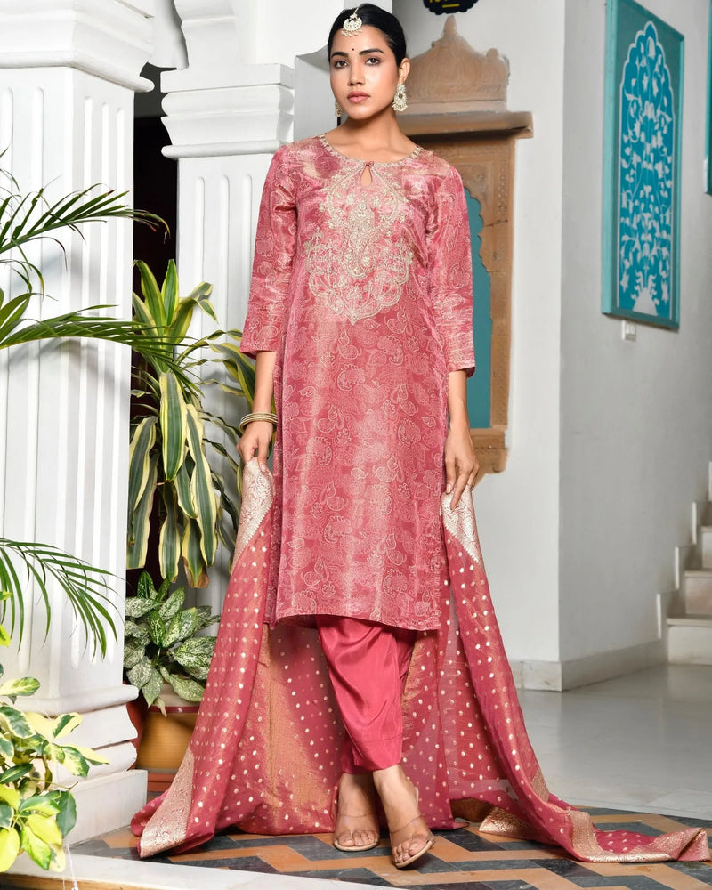 Women’s Digital Printed Tissue Suit Set with Solid Pants & Brocade Dupatta (Set of 5 Pc)