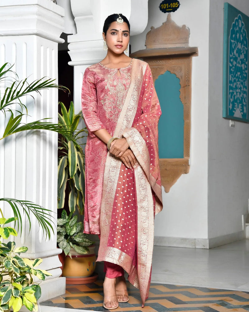 Women’s Digital Printed Tissue Suit Set with Solid Pants & Brocade Dupatta (Set of 5 Pc)