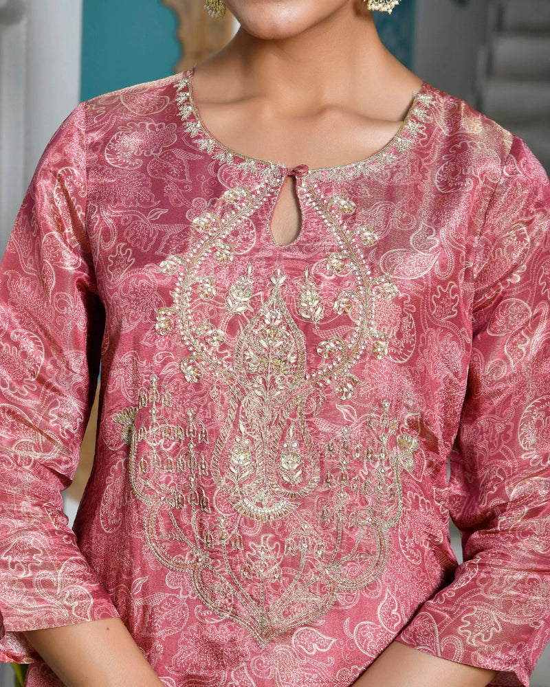 Women’s Digital Printed Tissue Suit Set with Solid Pants & Brocade Dupatta (Set of 5 Pc)