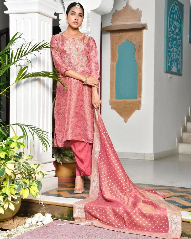 Women’s Digital Printed Tissue Suit Set with Solid Pants & Brocade Dupatta (Set of 5 Pc)