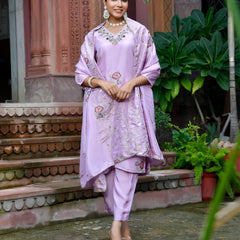 Women Tissue Silk emboidered suit set with solid pant & solid embroidered dupatta (Set of 5 Pc)