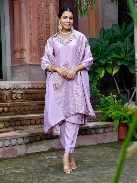 Women Tissue Silk emboidered suit set with solid pant & solid embroidered dupatta (Set of 5 Pc)