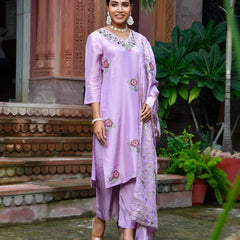 Women Tissue Silk emboidered suit set with solid pant & solid embroidered dupatta (Set of 5 Pc)
