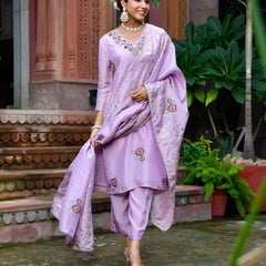 Women Tissue Silk emboidered suit set with solid pant & solid embroidered dupatta (Set of 5 Pc)