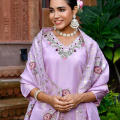 Women Tissue Silk emboidered suit set with solid pant & solid embroidered dupatta (Set of 5 Pc)