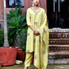 Women Tissue Silk emboidered suit set with solid pant & solid embroidered dupatta (Set of 5 Pc)
