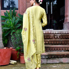 Women Tissue Silk emboidered suit set with solid pant & solid embroidered dupatta (Set of 5 Pc)