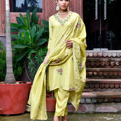 Women Tissue Silk emboidered suit set with solid pant & solid embroidered dupatta (Set of 5 Pc)