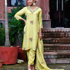 Women Tissue Silk emboidered suit set with solid pant & solid embroidered dupatta (Set of 5 Pc)