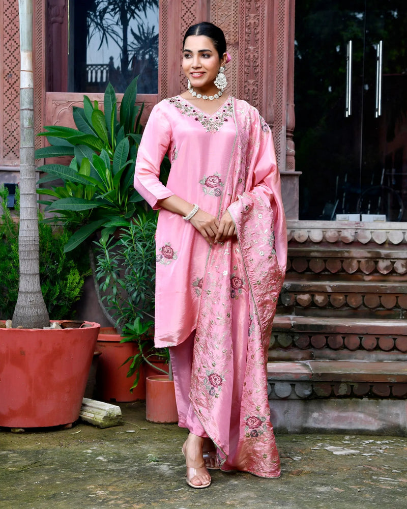 Women Tissue Silk emboidered suit set with solid pant & solid embroidered dupatta (Set of 5 Pc)
