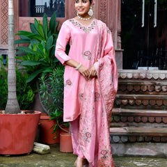 Women Tissue Silk emboidered suit set with solid pant & solid embroidered dupatta (Set of 5 Pc)