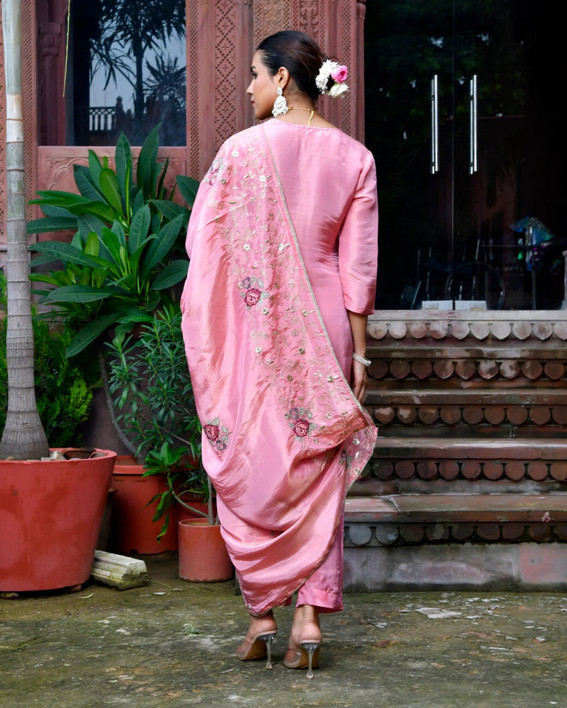 Women Tissue Silk emboidered suit set with solid pant & solid embroidered dupatta (Set of 5 Pc)