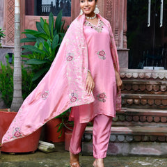 Women Tissue Silk emboidered suit set with solid pant & solid embroidered dupatta (Set of 5 Pc)