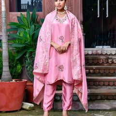 Women Tissue Silk emboidered suit set with solid pant & solid embroidered dupatta (Set of 5 Pc)