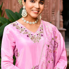 Women Tissue Silk emboidered suit set with solid pant & solid embroidered dupatta (Set of 5 Pc)