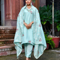 Women Tissue Silk emboidered suit set with solid pant & solid embroidered dupatta (Set of 5 Pc)