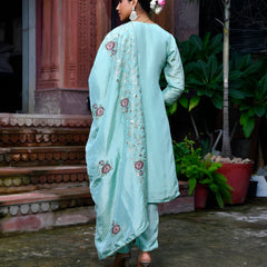 Women Tissue Silk emboidered suit set with solid pant & solid embroidered dupatta (Set of 5 Pc)