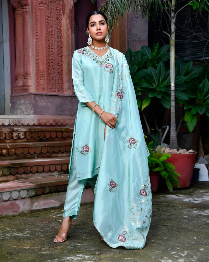 Women Tissue Silk emboidered suit set with solid pant & solid embroidered dupatta (Set of 5 Pc)