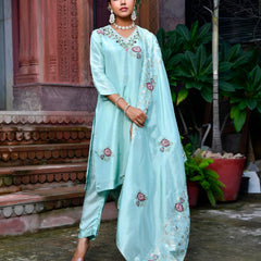 Women Tissue Silk emboidered suit set with solid pant & solid embroidered dupatta (Set of 5 Pc)