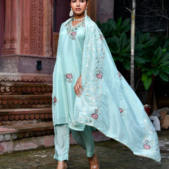Women Tissue Silk emboidered suit set with solid pant & solid embroidered dupatta (Set of 5 Pc)