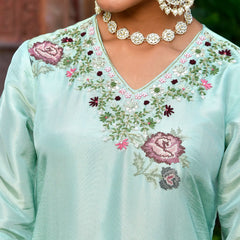 Women Tissue Silk emboidered suit set with solid pant & solid embroidered dupatta (Set of 5 Pc)