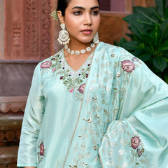 Women Tissue Silk emboidered suit set with solid pant & solid embroidered dupatta (Set of 5 Pc)