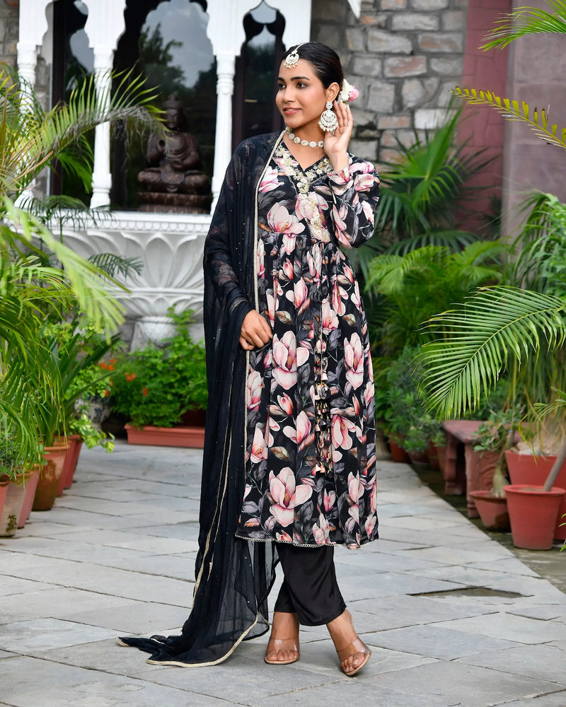 Women Chinon Embroidered Angrakha Anarkali Set With Solid Pant & Solid Embroidered Dupatta (Set of 5 Pc)