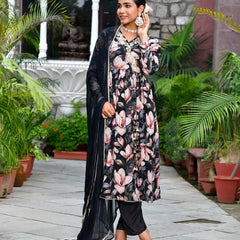 Women Chinon Embroidered Angrakha Anarkali Set With Solid Pant & Solid Embroidered Dupatta (Set of 5 Pc)