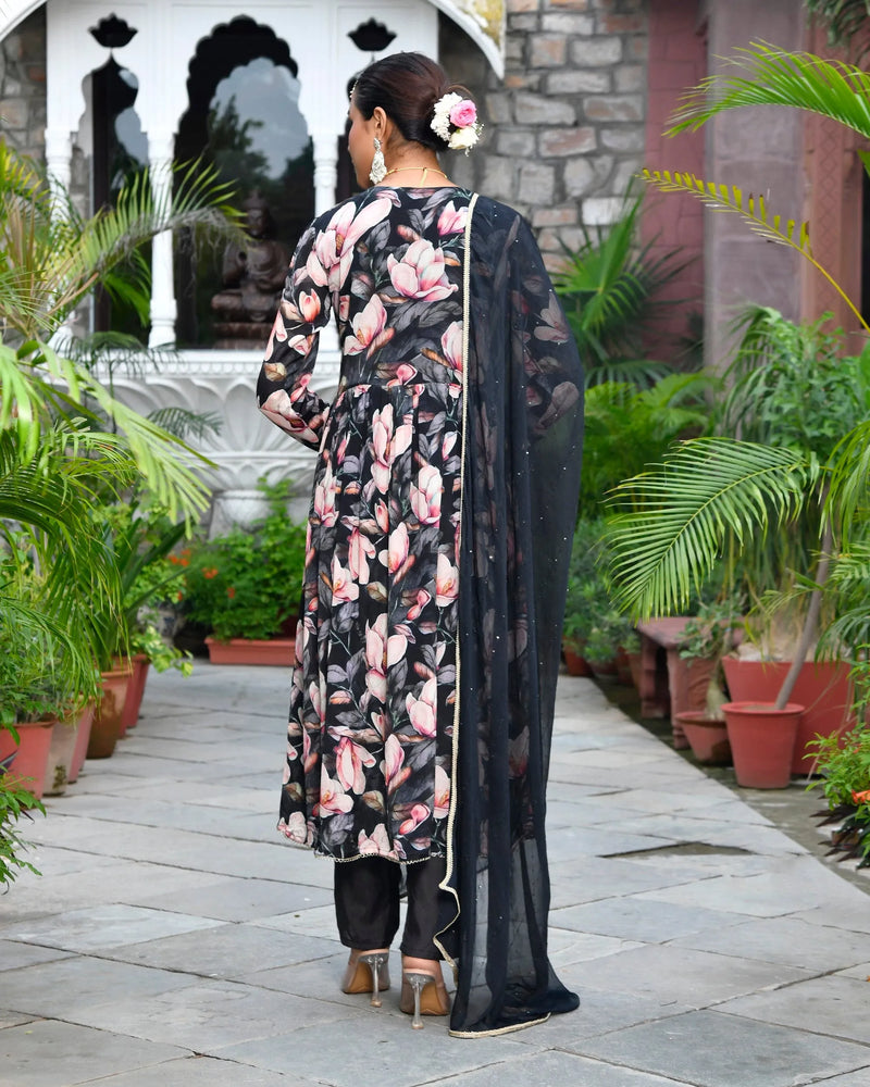 Women Chinon Embroidered Angrakha Anarkali Set With Solid Pant & Solid Embroidered Dupatta (Set of 5 Pc)