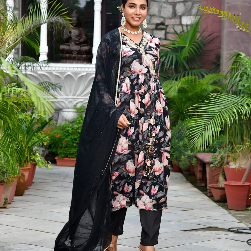 Women Chinon Embroidered Angrakha Anarkali Set With Solid Pant & Solid Embroidered Dupatta (Set of 5 Pc)
