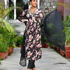 Women Chinon Embroidered Angrakha Anarkali Set With Solid Pant & Solid Embroidered Dupatta (Set of 5 Pc)