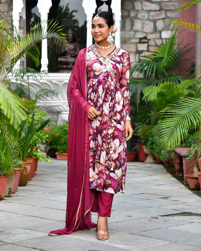 Women Chinon Embroidered Angrakha Anarkali Set With Solid Pant & Solid Embroidered Dupatta (Set of 5 Pc)