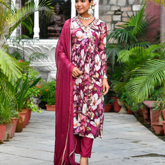 Women Chinon Embroidered Angrakha Anarkali Set With Solid Pant & Solid Embroidered Dupatta (Set of 5 Pc)