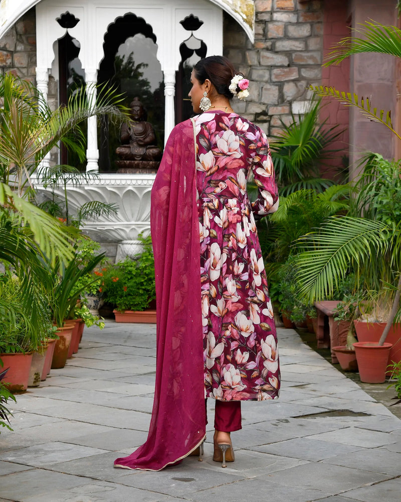 Women Chinon Embroidered Angrakha Anarkali Set With Solid Pant & Solid Embroidered Dupatta (Set of 5 Pc)