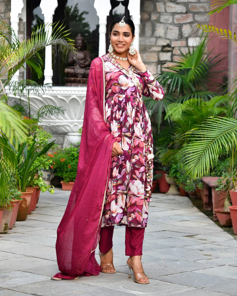 Women Chinon Embroidered Angrakha Anarkali Set With Solid Pant & Solid Embroidered Dupatta (Set of 5 Pc)