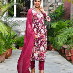 Women Chinon Embroidered Angrakha Anarkali Set With Solid Pant & Solid Embroidered Dupatta (Set of 5 Pc)