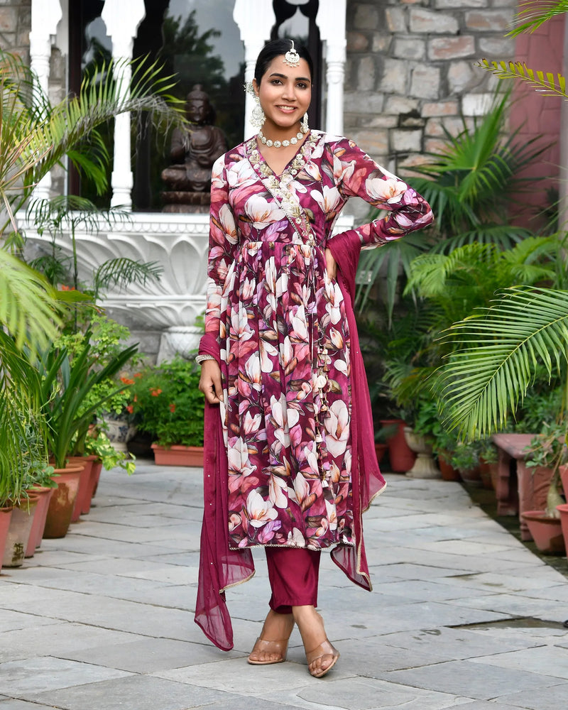 Women Chinon Embroidered Angrakha Anarkali Set With Solid Pant & Solid Embroidered Dupatta (Set of 5 Pc)