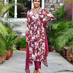 Women Chinon Embroidered Angrakha Anarkali Set With Solid Pant & Solid Embroidered Dupatta (Set of 5 Pc)