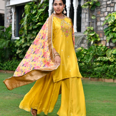 Women Silk Embroidered Sharara Set & Digital Printed Dupatta (Set of 5 Pc)