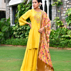 Women Silk Embroidered Sharara Set & Digital Printed Dupatta (Set of 5 Pc)
