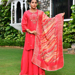 Women Silk Embroidered Sharara Set & Digital Printed Dupatta (Set of 5 Pc)