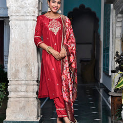 Women Silk Embroidered Pant Set & Digital Printed Dupatta (Set of 5 Pc)