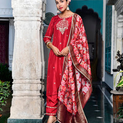 Women Silk Embroidered Pant Set & Digital Printed Dupatta (Set of 5 Pc)