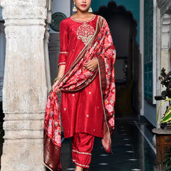 Women Silk Embroidered Pant Set & Digital Printed Dupatta (Set of 5 Pc)