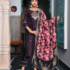 Women Silk Embroidered Pant Set & Digital Printed Dupatta (Set of 5 Pc)
