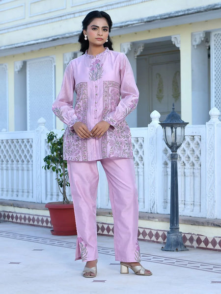 Women Soft Pink Chanderi Block Printed Cord Set (Set of 5 Pc)