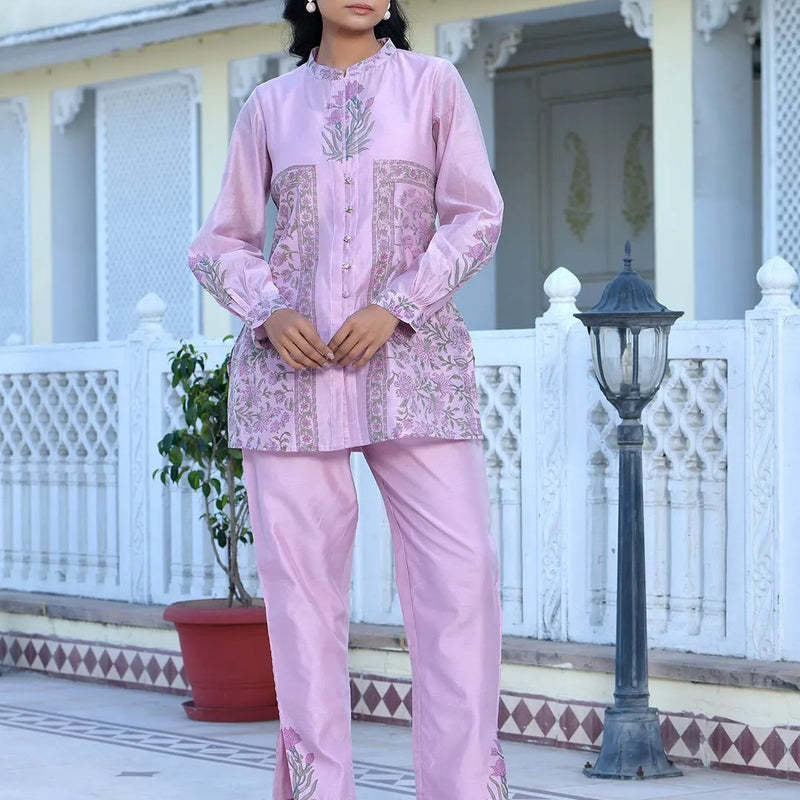 Women Soft Pink Chanderi Block Printed Cord Set (Set of 5 Pc)